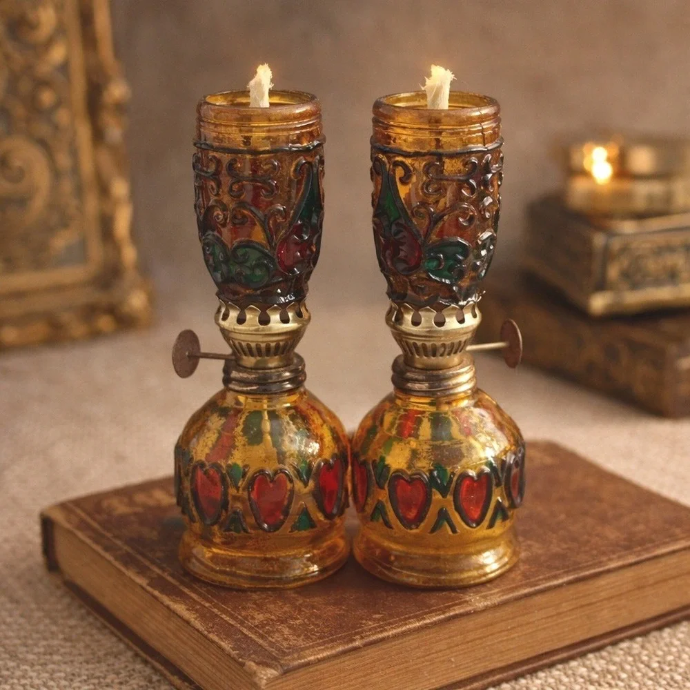 Vintage Amber Glass Enameled Miniature Oil Lamps Set of 2 Decorative Brass Wicks